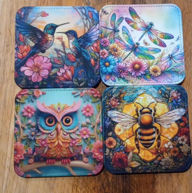 Sublimation Coasters: humming birds, dragonflies, owl, bee